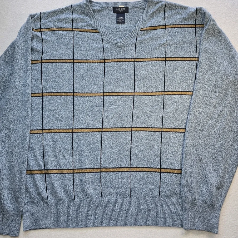 Dockers Men's XL V-Neck Sweater Light‎ Blue Windowpane Plaid Golf Preppy EUC